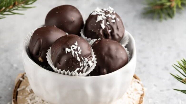 Chocolate Coconut Balls in white bowl