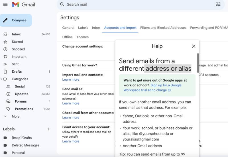 Screenshot of Gmail Settings menu