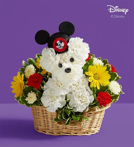 flowers shaped into a white dog sitting in a basket. dog has mickey mouse ears hat on head