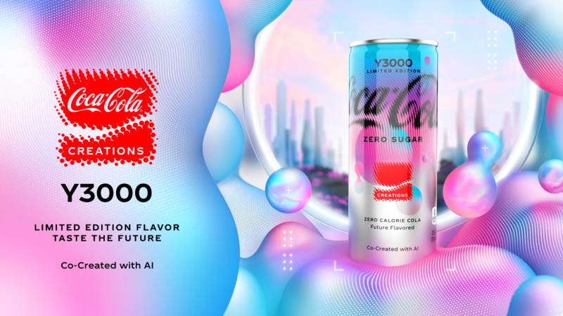 a can of coca-cola set amid a pink, blue and purple futuristic graphic with a city skyline in the background