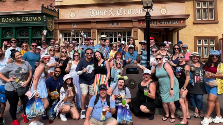 Disney Day Drinkers Club gather around Binny the trash can