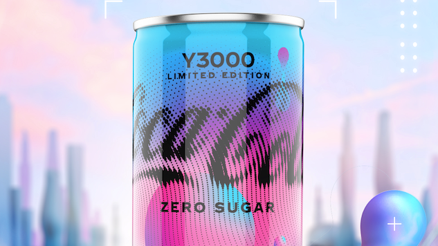 a can of coca-cola set amid a pink, blue and purple futuristic graphic with a city skyline in the background