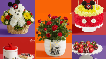 brightly colored collage of disney-themed floral products, cookies and berries