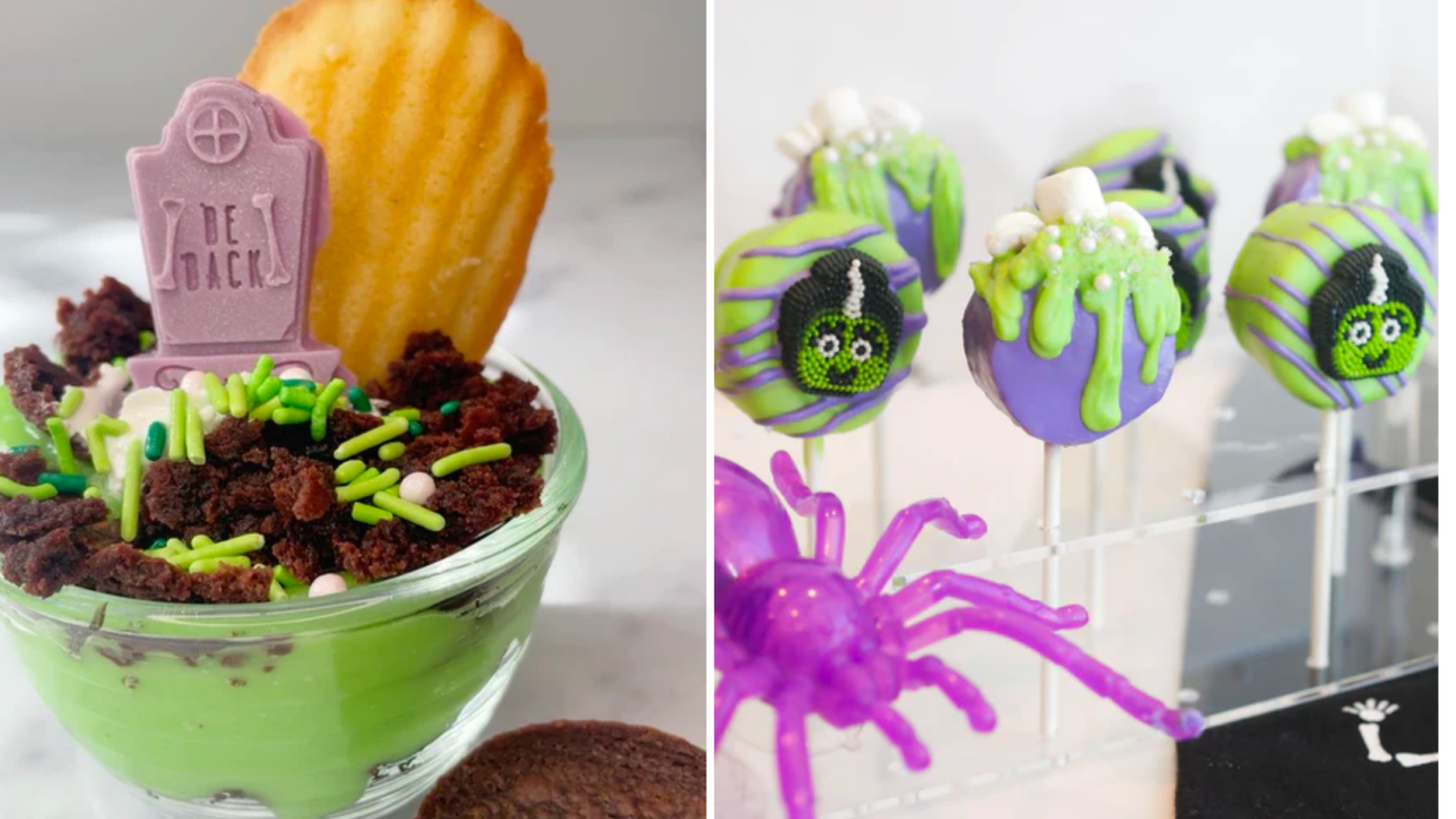 side by side image of a halloween pudding cup and halloween-themed cake pops