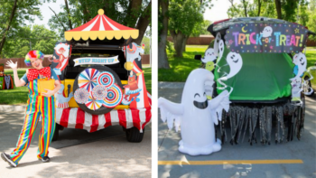 two car trunks decorated for a halloween carnival. a woman in a clown costume stands to the left