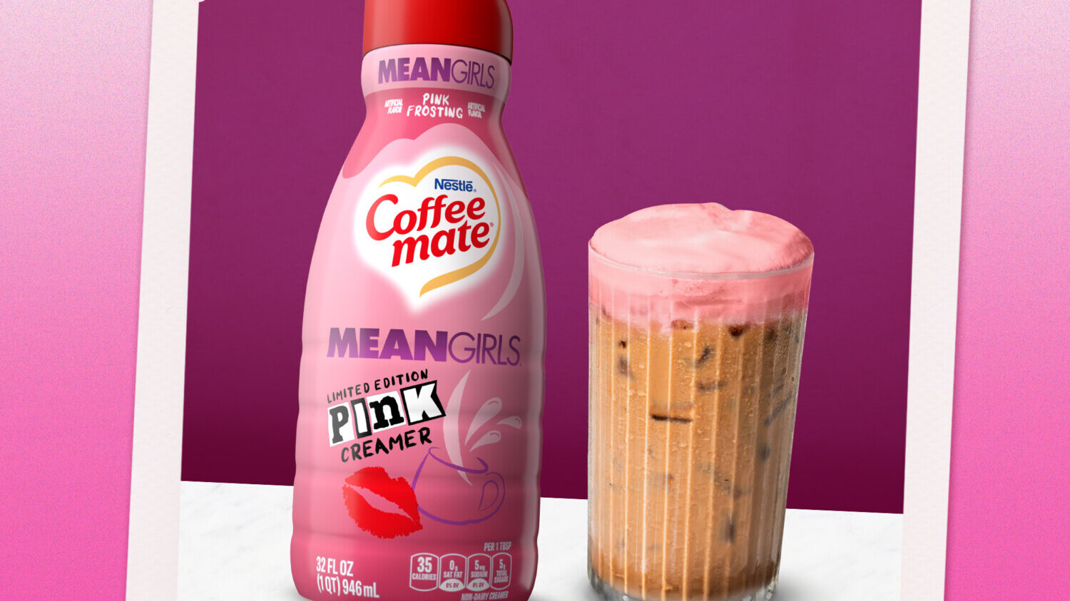Coffee mate's 'Mean Girls' creamer on pink background