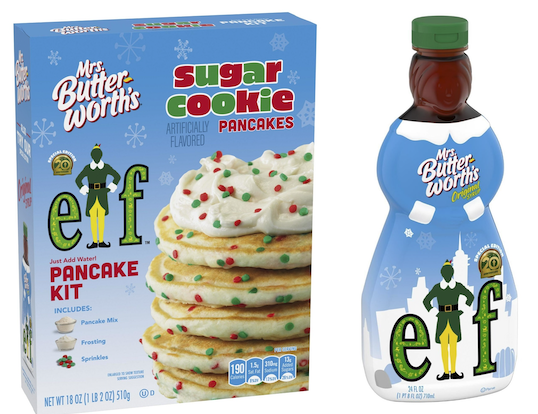 Elf pancake mix box and syrup bottle