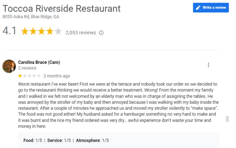 Toccoa restaurant review screengrab