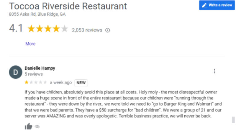 Toccoa restaurant online review screengrab