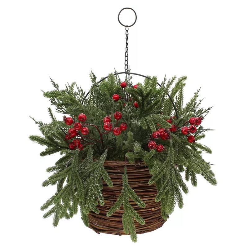 St. Nicholas Square Red Berry Greenery with Hanging Rattan Basket