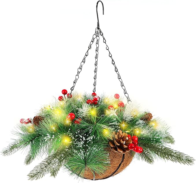 MINDELF Faux Evergreen Lined Hanging Basket, Mixed Evergreen Bough and Red Berry and Pine Cone Mix