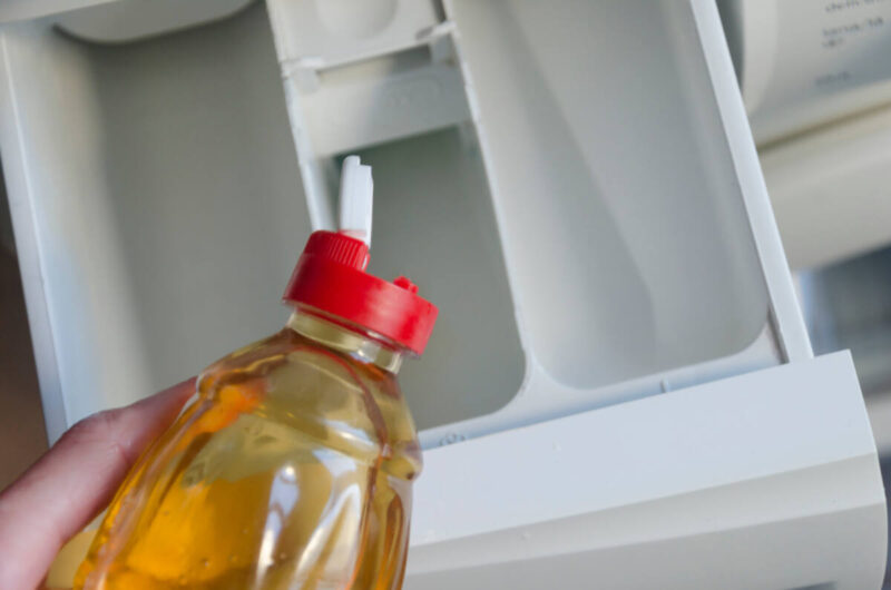 Pouring vinegar into detergent holder in washing machine
