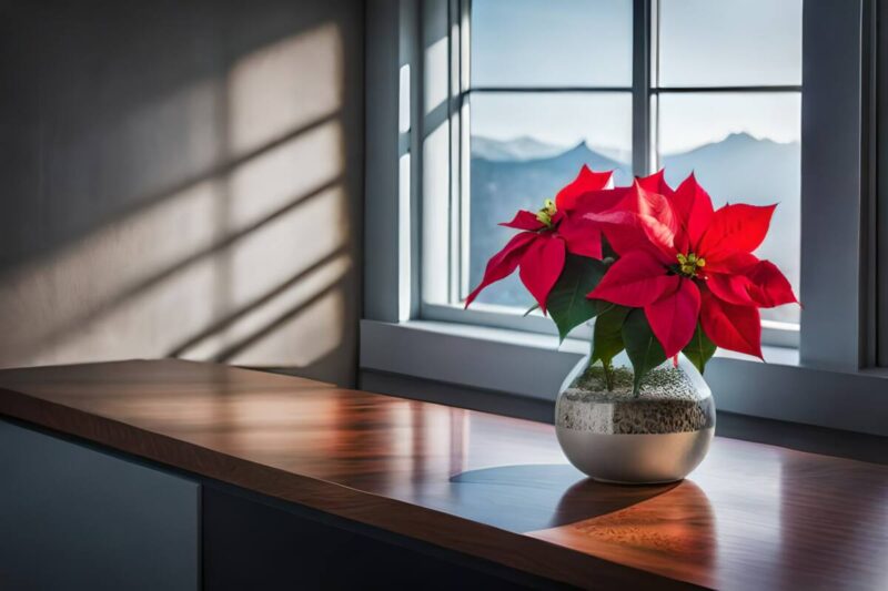 Red poinsettia on table