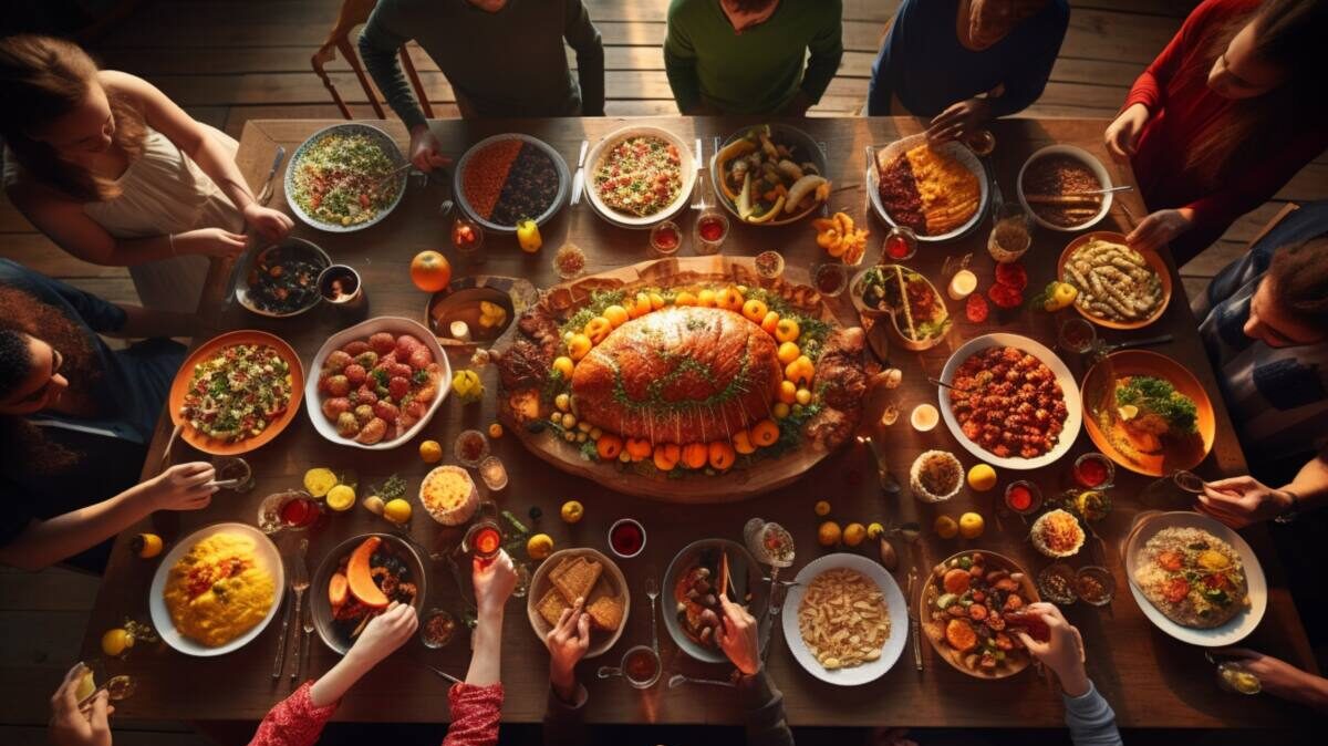 Family gathers around big Thanksgiving meal