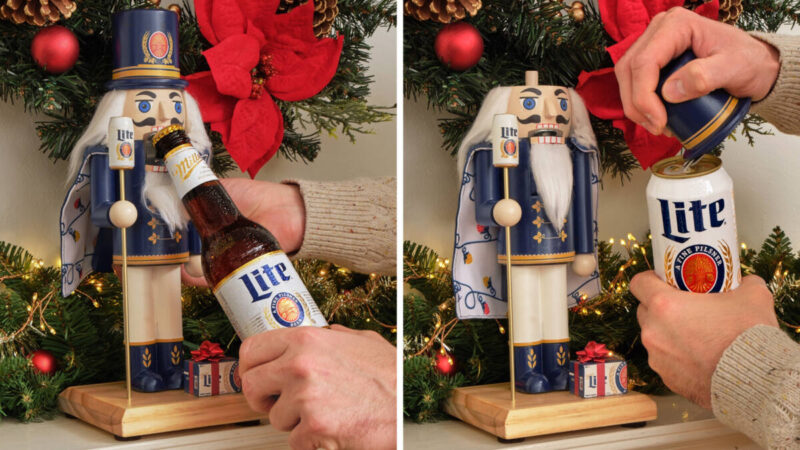Miller Lite Beercracker, nutcracker that opens beer bottles and cans, next to beer cans and poinsettia wreath