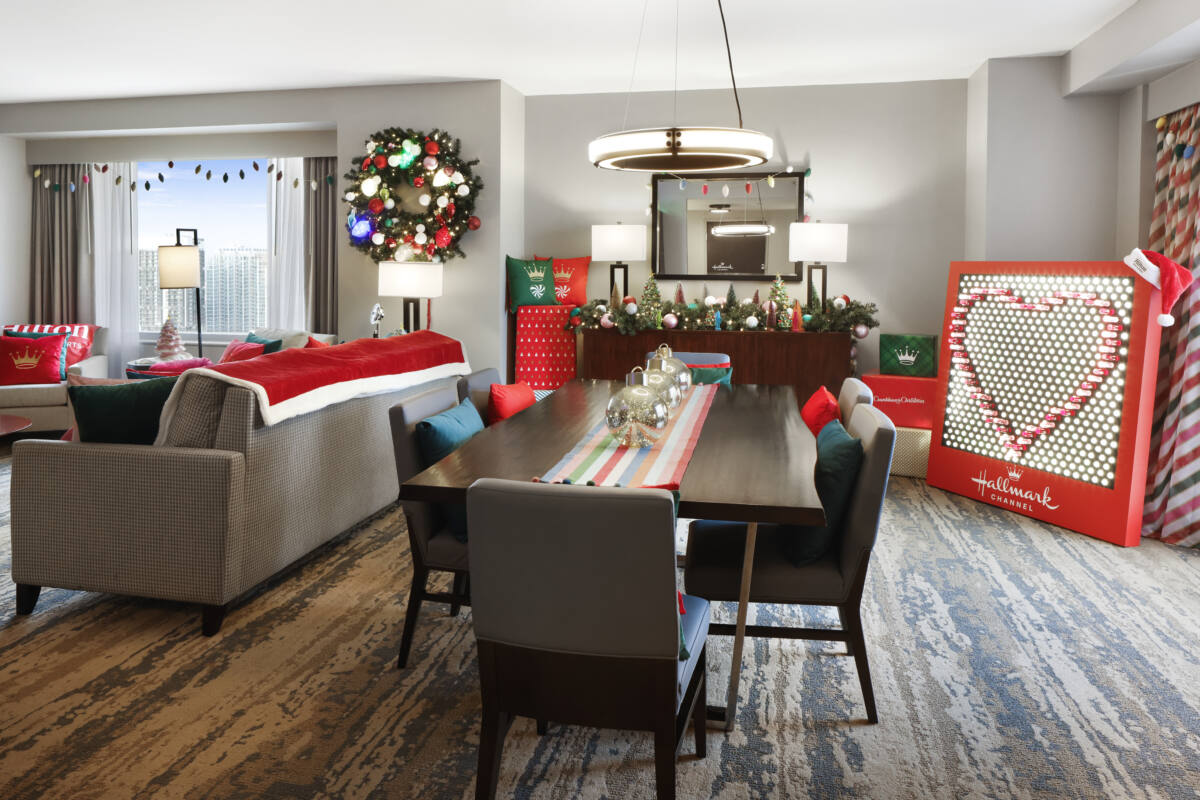 hotel suite decorated for christmas