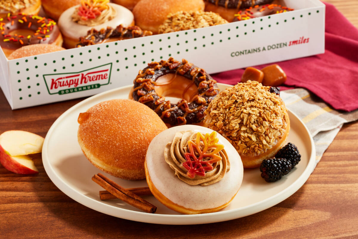 Donuts from Krispy Kreme's fall collection on white plate