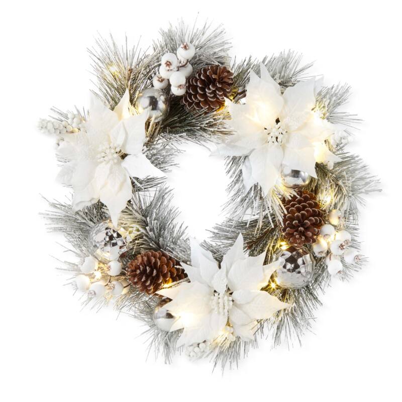 North Pole Trading Co. 24" White Poinsettia Flocked Led Indoor Pre-Lit Christmas Wreath