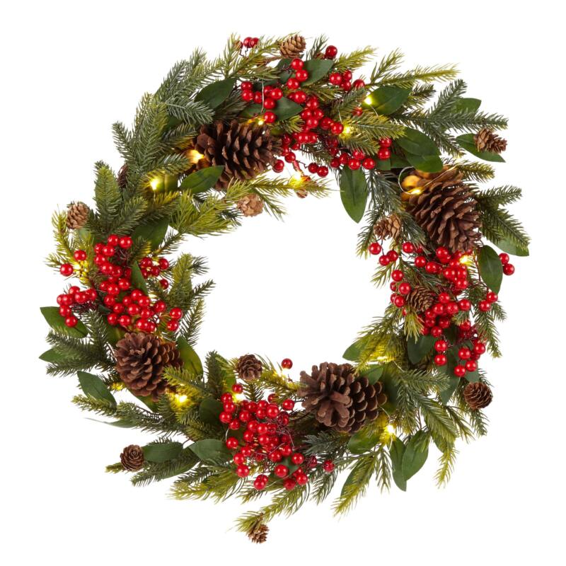 North Pole Trading Co. 24" Led Red Berry & Pinecone Indoor Christmas Wreath