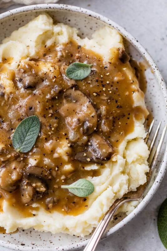 Make-ahead mushroom gravy on mashed potatoes
