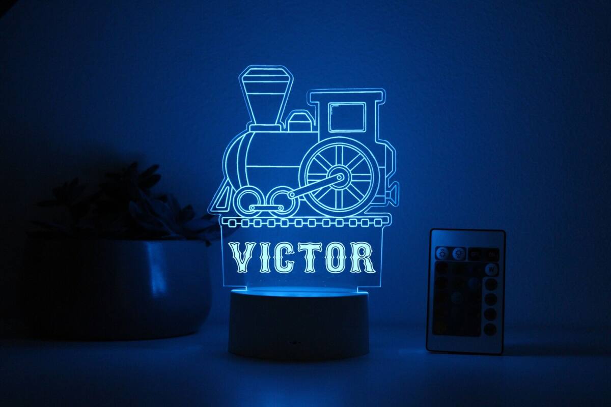 Personalized train engine night light in blue