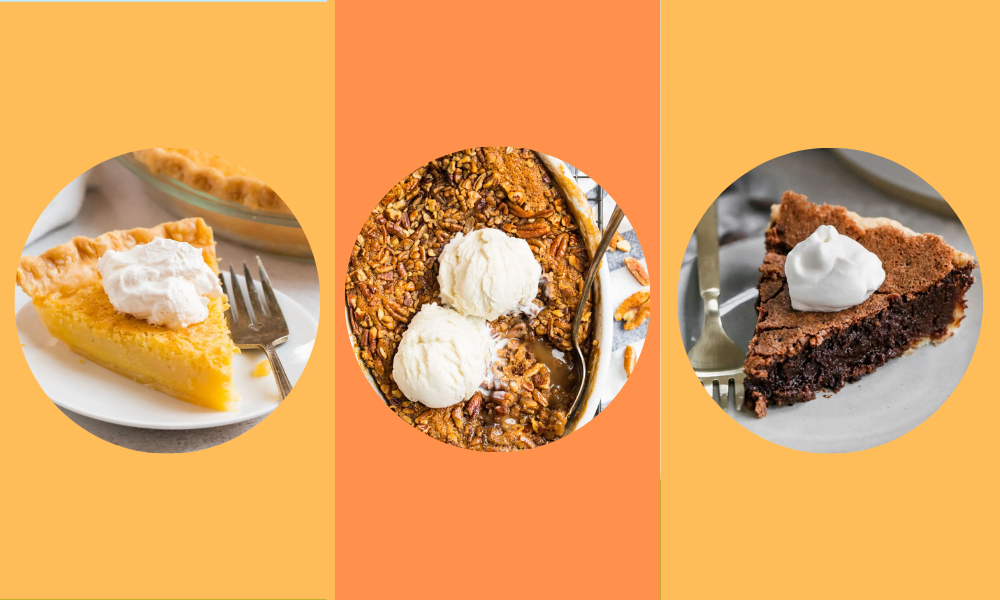 Three desserts that aren't pumpkin pie on orange background
