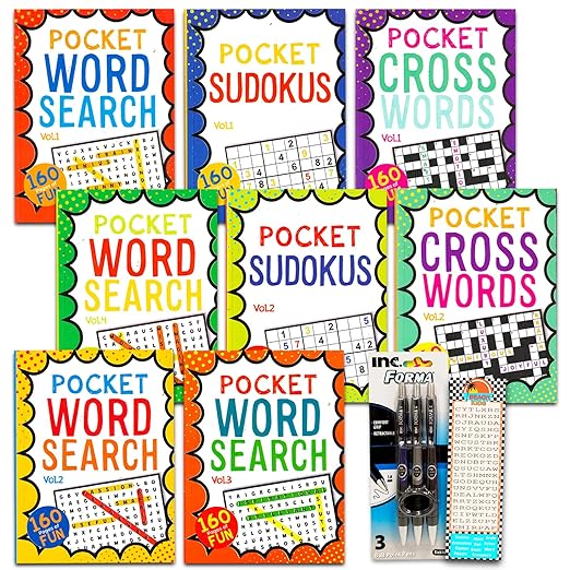 a collection of 8 puzzle books including sudoku, word search and crossword from Amazon