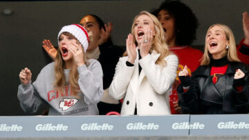 Taylor Swift, Brittany Mahomes, and Ashley Avignone cheer on the Kansas City Chiefs