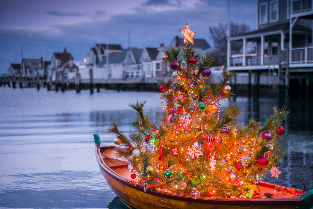 Nantucket Island, small dory with Christmas tree.