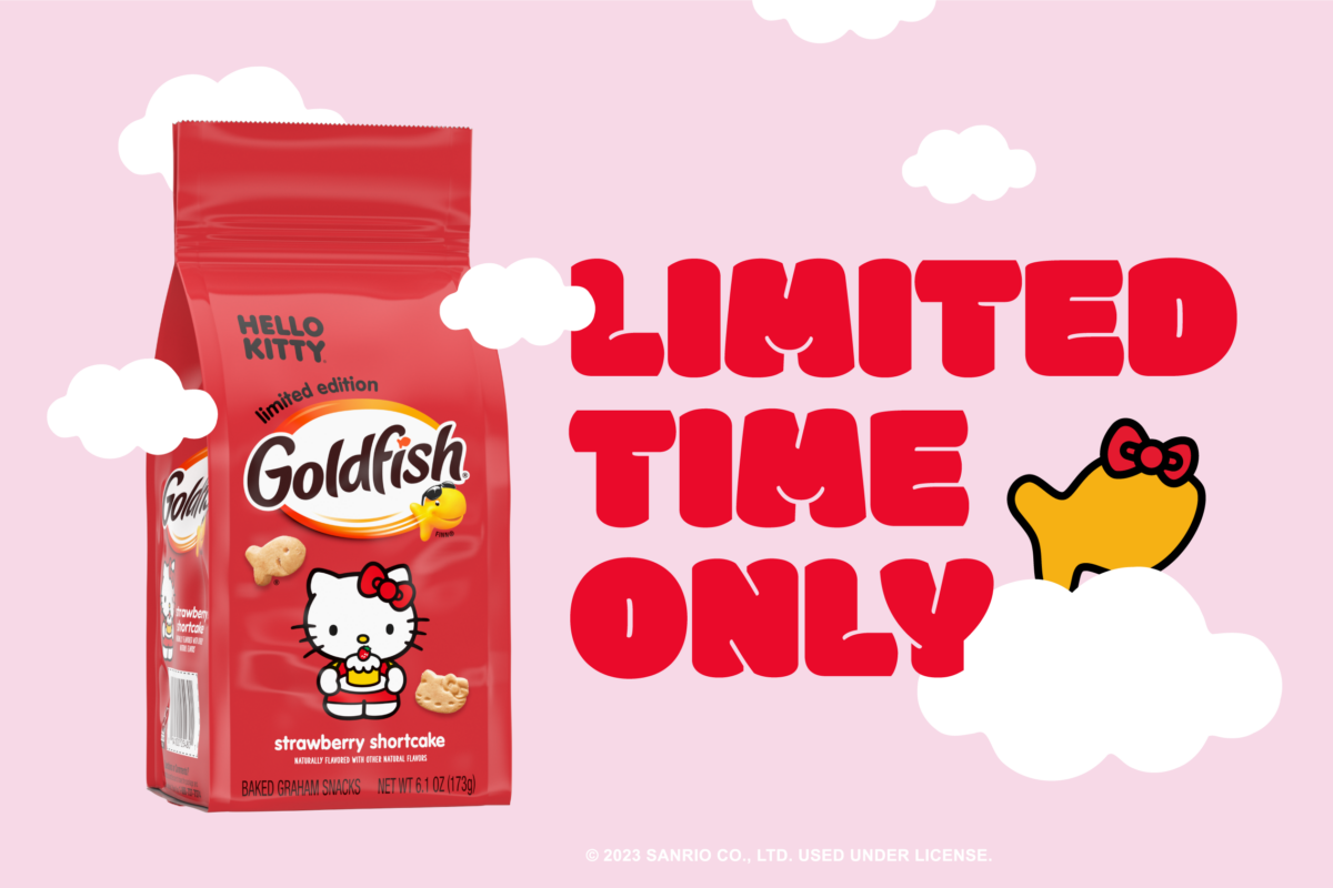 A bag of the new Hello Kitty Goldfish crackers on a pink background with "limited time only" written next to it.