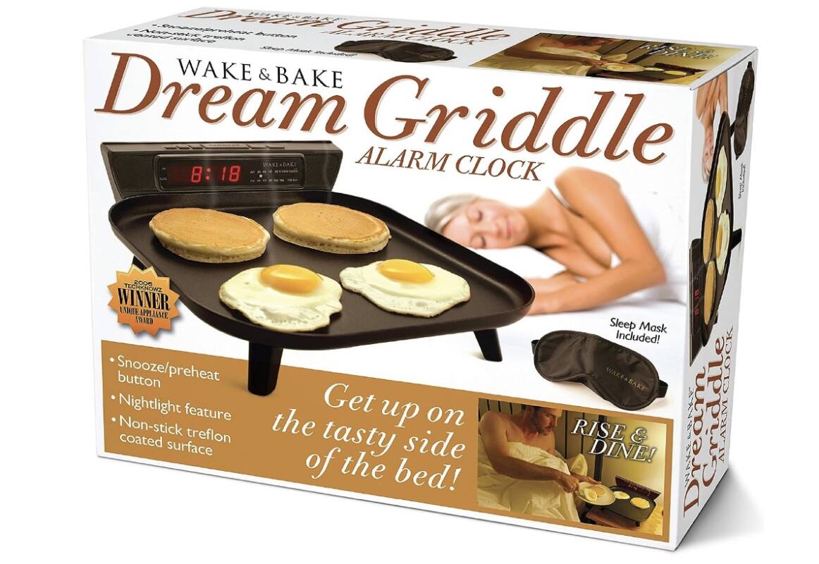 product packaging showing a griddle cooking breakfast foods