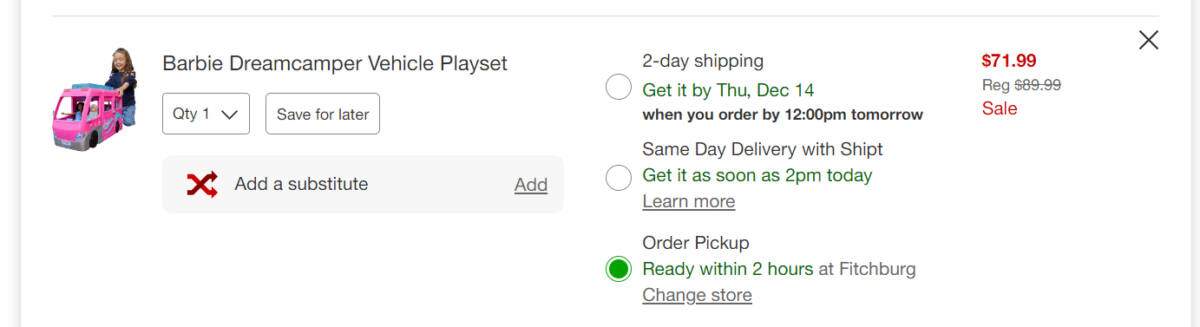 Screenshot of the Barbie Dream Camper in a online Target order