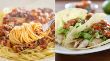 split image: spaghetti with meat sauce on a fork on the left, fish tacos on the right