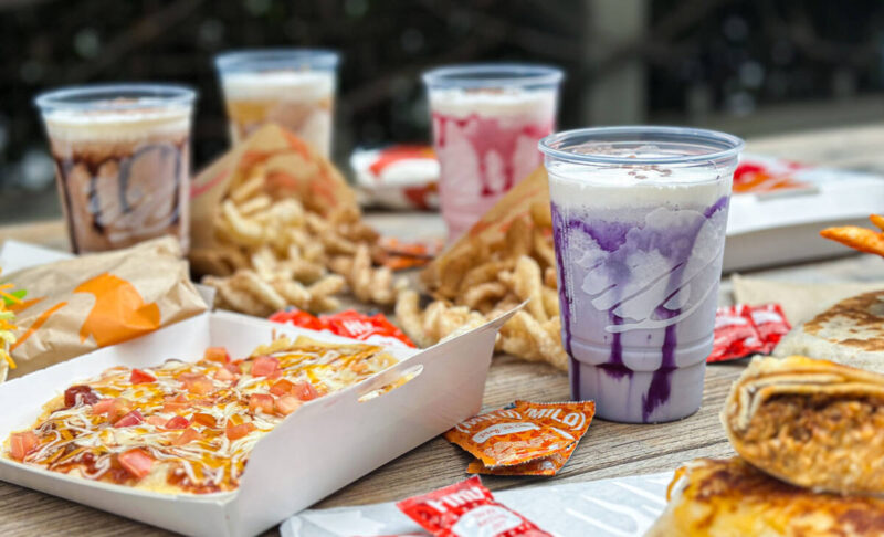 Taco Bell's new Coffee Chillers and Churro Chillers shown with other dishes