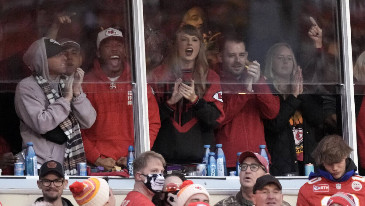 Taylor Swift watches from a suite during the first half of an NFL football game between the Kansas City Chiefs and the Buffalo Bills Sunday, Dec. 10, 2023, in Kansas City, Mo.