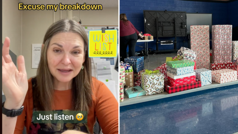Split image of Las Vegas teacher Cheri Guy talking about students' wishmas beside a stack of presents donated by followers