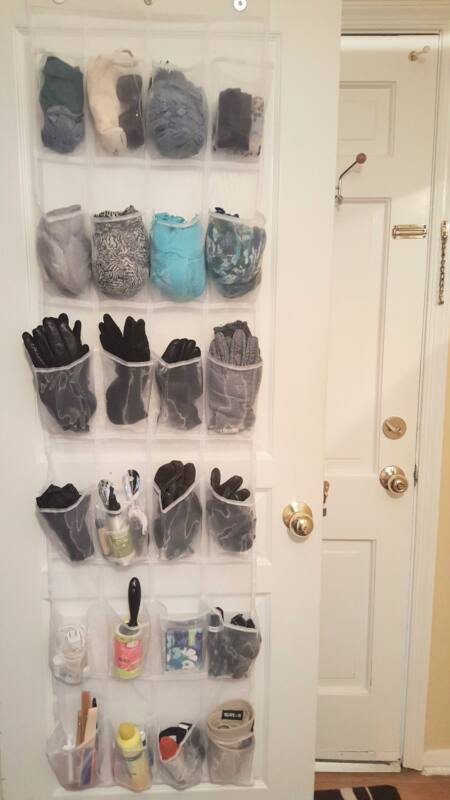 Organizational expert C. Lee Cawley uses shoe organizers to store gloves lint brushes, etc