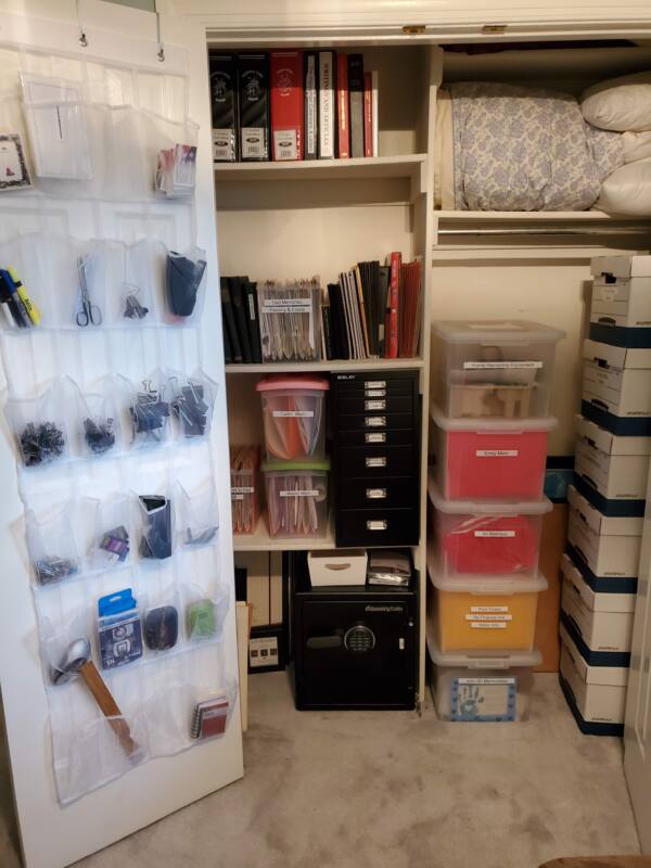 Organizational expert C. Lee Cawley uses shoe organizers for office supplies