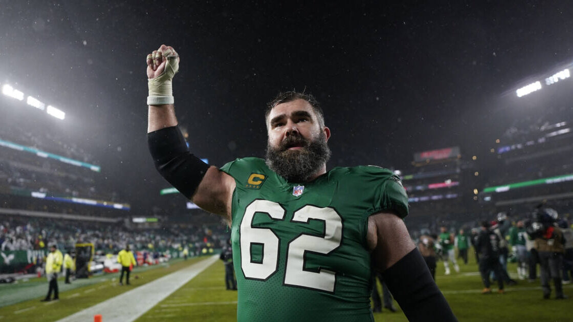 Jason Kelce on field after Eagles game in 2023