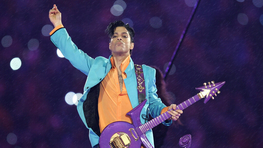 Photo of Prince performing at Super Bowl half time show