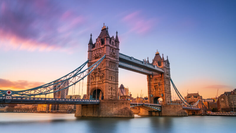 Tower Bridge over the Thames River at sunset 
