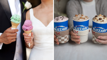 bride and groom with ice cream next to three DQ Blizzards