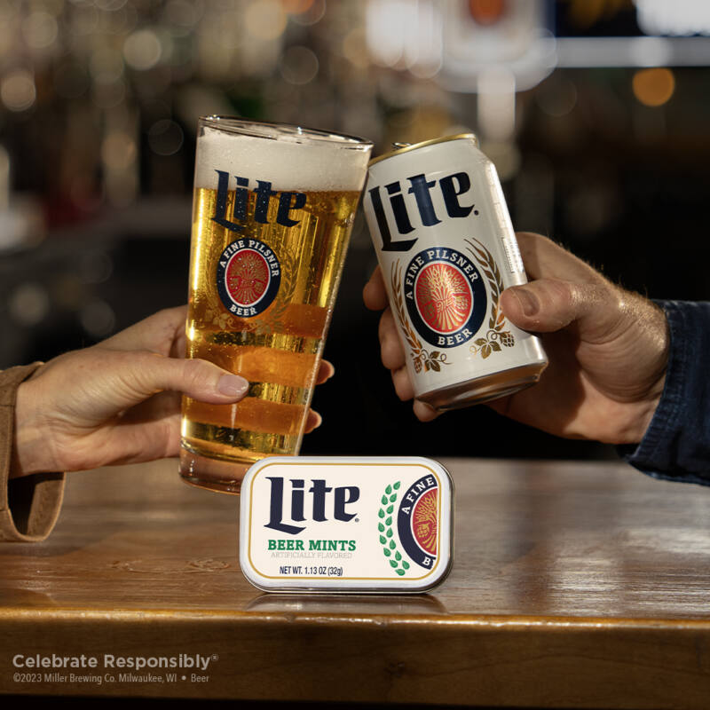 A glass of Miller Lite beer, a can of Miller Lite beer and a container of Miller Lite beer mints.