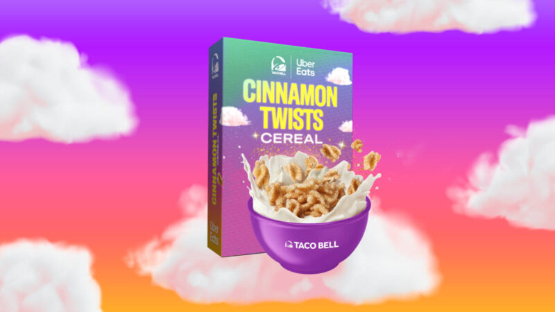 A box of the new Taco Bell Uber Eats Cinnamon Twist Cereal