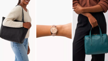 two women carry Fossil bags, and a person wears a rose gold Fossil watch.
