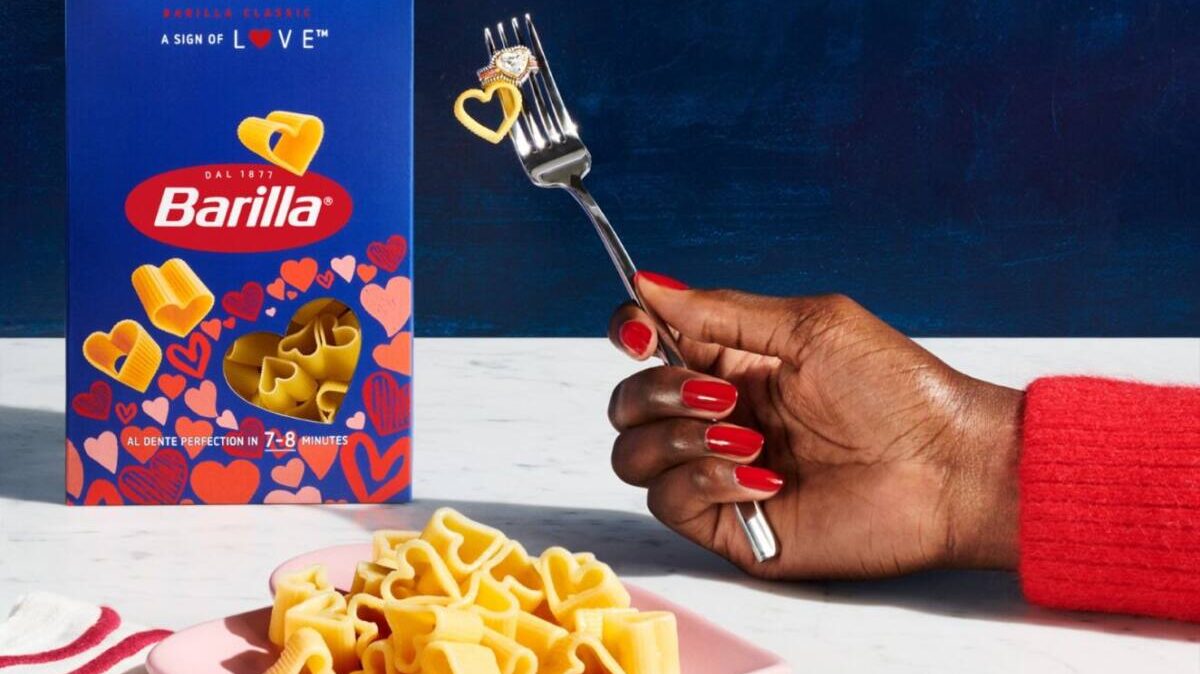 Barilla heart-shaped pasta on a fork with a ring.