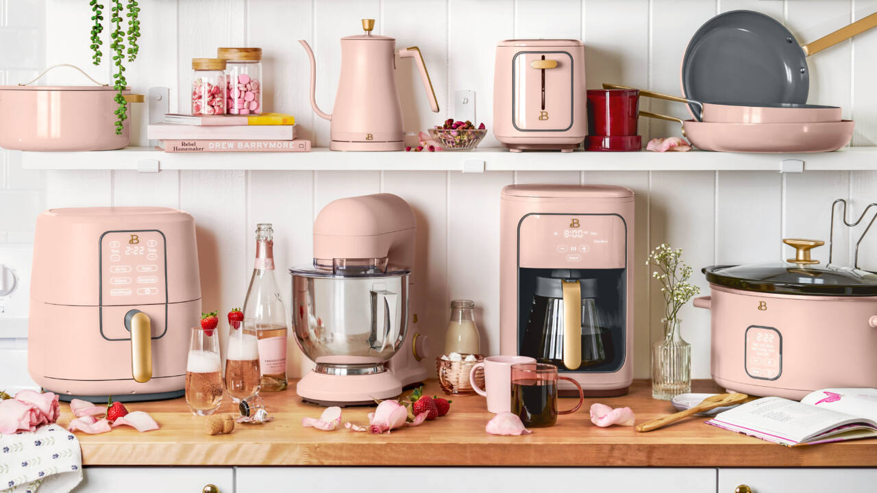 Walmart's Drew Barrymore cookware collection in a rose pink color