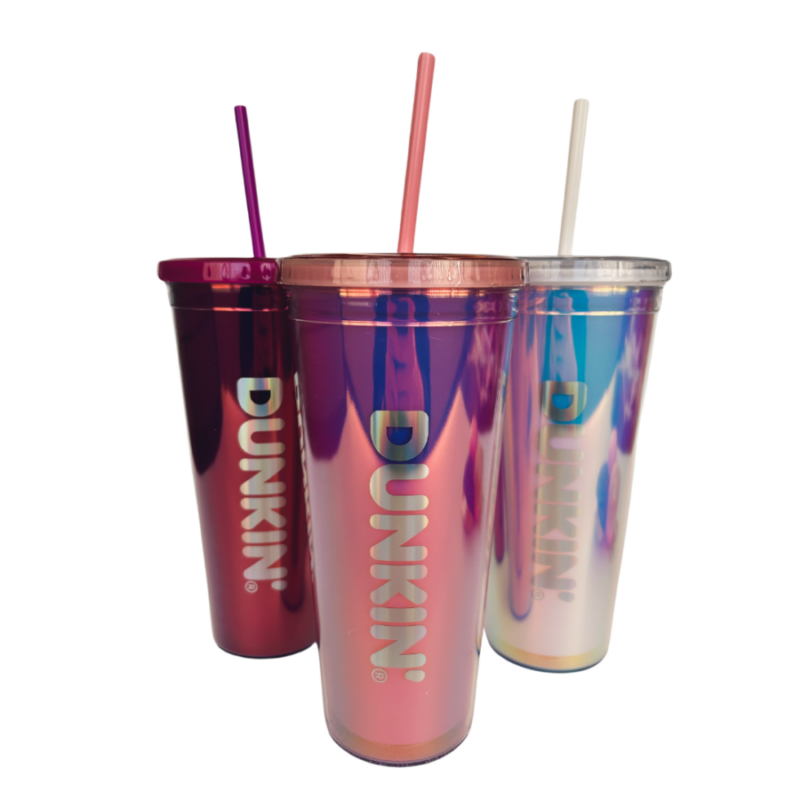Dunkin's shimmery pink, red and silver tumblers