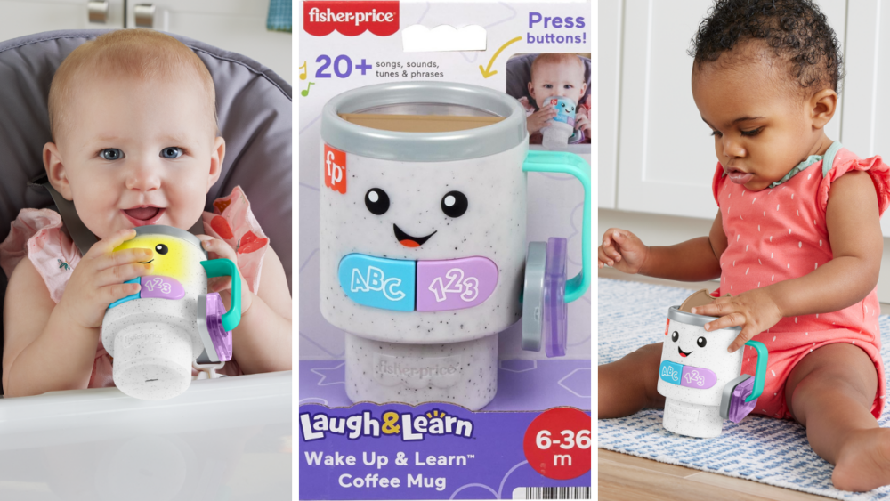 Trio of images - left, baby sitting in high chair playing with Fisher Price Wake Up & Learn Coffee Mug, middle the cup in its package and on the right a baby sitting on the floor playing with the cup