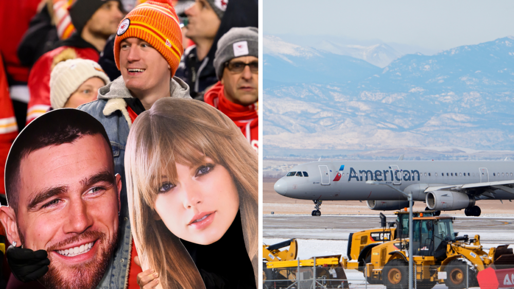 Fans hold up signs with Travis Kelce and Taylor Swift faces (left) and an American Airlines jet (right)